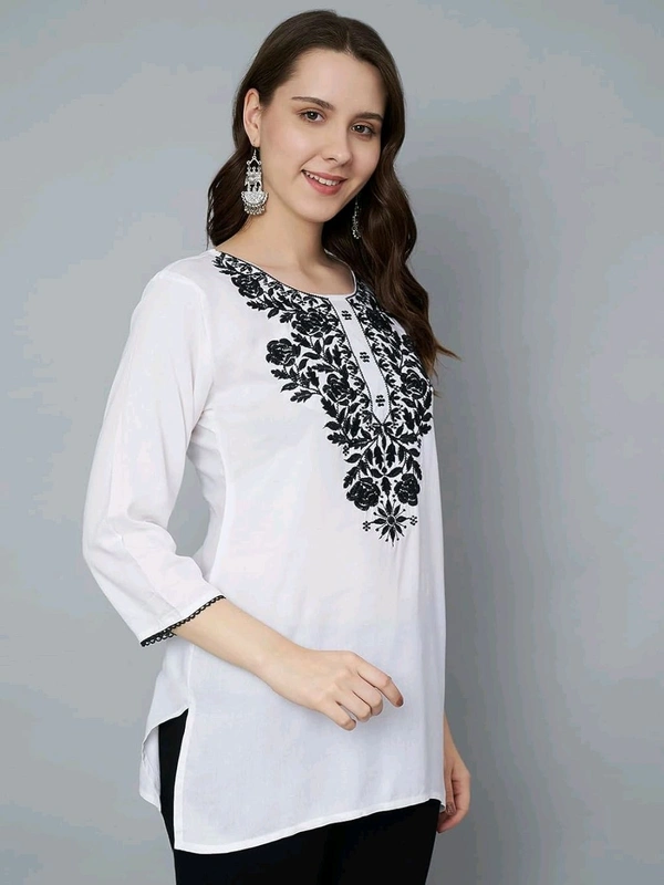 Kurti for Women Short Chikankari Kurtis for Girls Lakhnawi Top Kurta Design for Ladies Woman Straight Embroidery for Office (Short Flower Kurti) - White, L