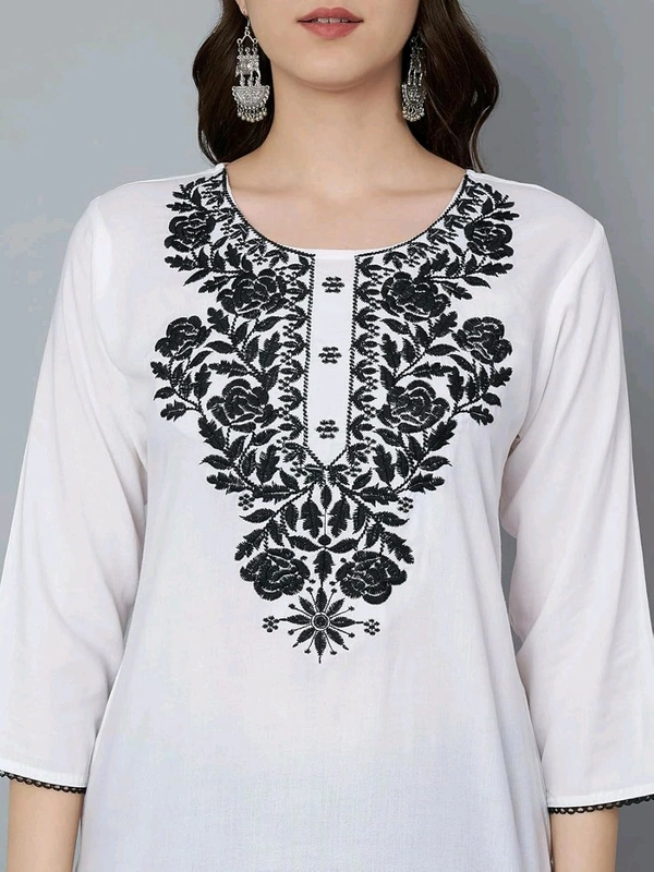 Kurti for Women Short Chikankari Kurtis for Girls Lakhnawi Top Kurta Design for Ladies Woman Straight Embroidery for Office (Short Flower Kurti) - White, L