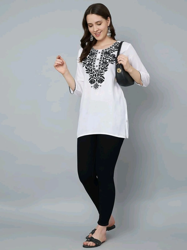 Kurti for Women Short Chikankari Kurtis for Girls Lakhnawi Top Kurta Design for Ladies Woman Straight Embroidery for Office (Short Flower Kurti) - White, L