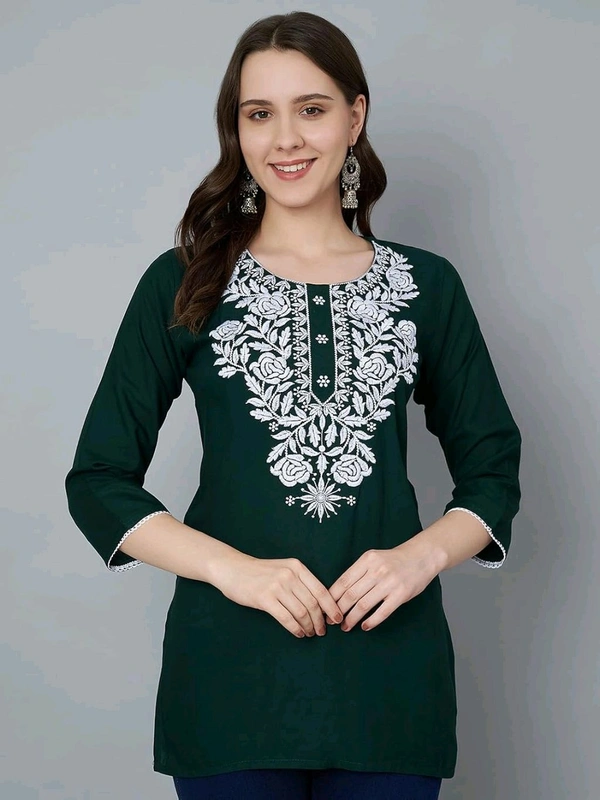 Kurti for Women Short Chikankari Kurtis for Girls Lakhnawi Top Kurta Design for Ladies Woman Straight Embroidery for Office (Short Flower Kurti) - Firefly, L