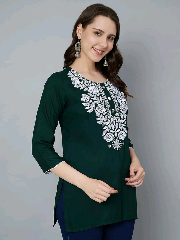 Kurti for Women Short Chikankari Kurtis for Girls Lakhnawi Top Kurta Design for Ladies Woman Straight Embroidery for Office (Short Flower Kurti) - Firefly, L