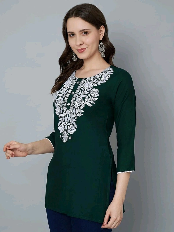 Kurti for Women Short Chikankari Kurtis for Girls Lakhnawi Top Kurta Design for Ladies Woman Straight Embroidery for Office (Short Flower Kurti) - Firefly, L