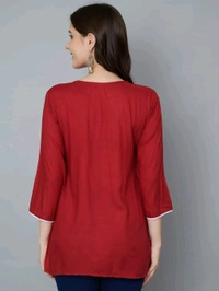 Kurti for Women Short Chikankari Kurtis for Girls Lakhnawi Top Kurta Design for Ladies Woman Straight Embroidery for Office (Short Flower Kurti) - Cardinal, L