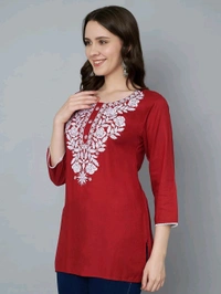 Kurti for Women Short Chikankari Kurtis for Girls Lakhnawi Top Kurta Design for Ladies Woman Straight Embroidery for Office (Short Flower Kurti) - Cardinal, L