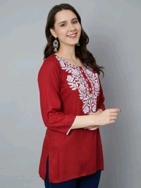 Kurti for Women Short Chikankari Kurtis for Girls Lakhnawi Top Kurta Design for Ladies Woman Straight Embroidery for Office (Short Flower Kurti) - Cardinal, L