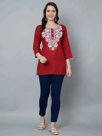 Kurti for Women Short Chikankari Kurtis for Girls Lakhnawi Top Kurta Design for Ladies Woman Straight Embroidery for Office (Short Flower Kurti) - Cardinal, L