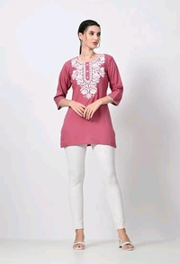 Kurti for Women Short Chikankari Kurtis for Girls Lakhnawi Top Kurta Design for Ladies Woman Straight Embroidery for Office (Short Flower Kurti) - Charm, L