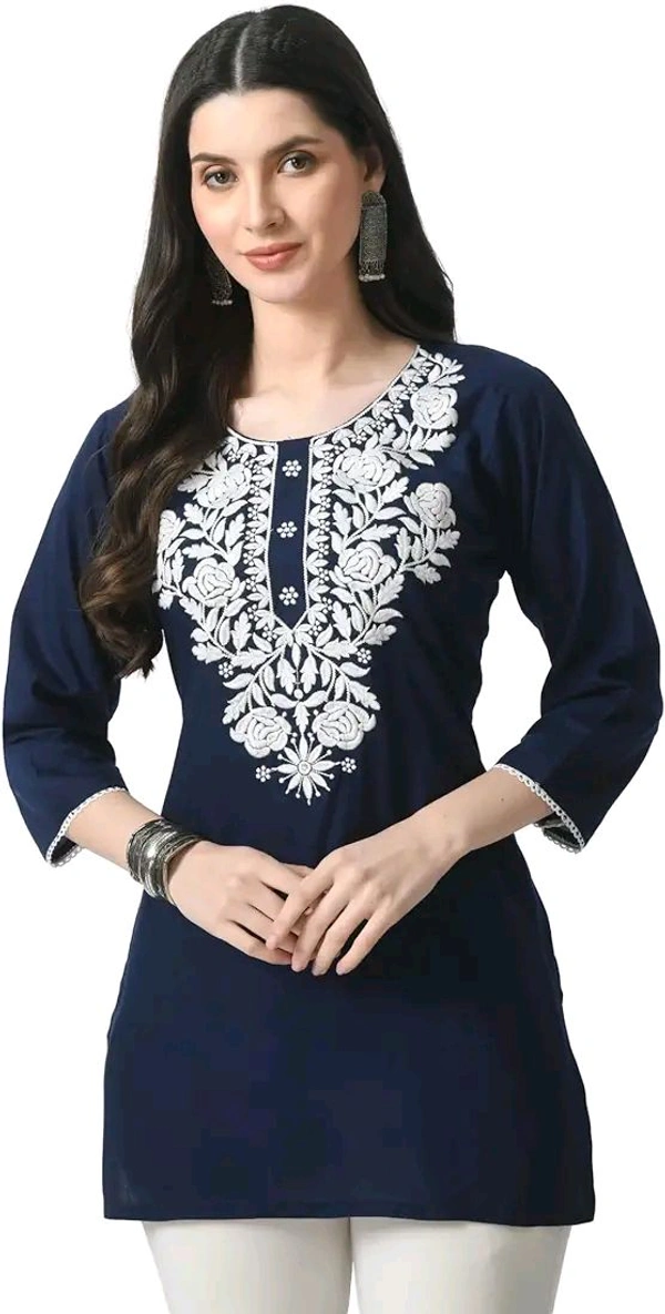 Kurti for Women Short Chikankari Kurtis for Girls Lakhnawi Top Kurta Design for Ladies Woman Straight Embroidery for Office (Short Flower Kurti) - Cloud Burst, M