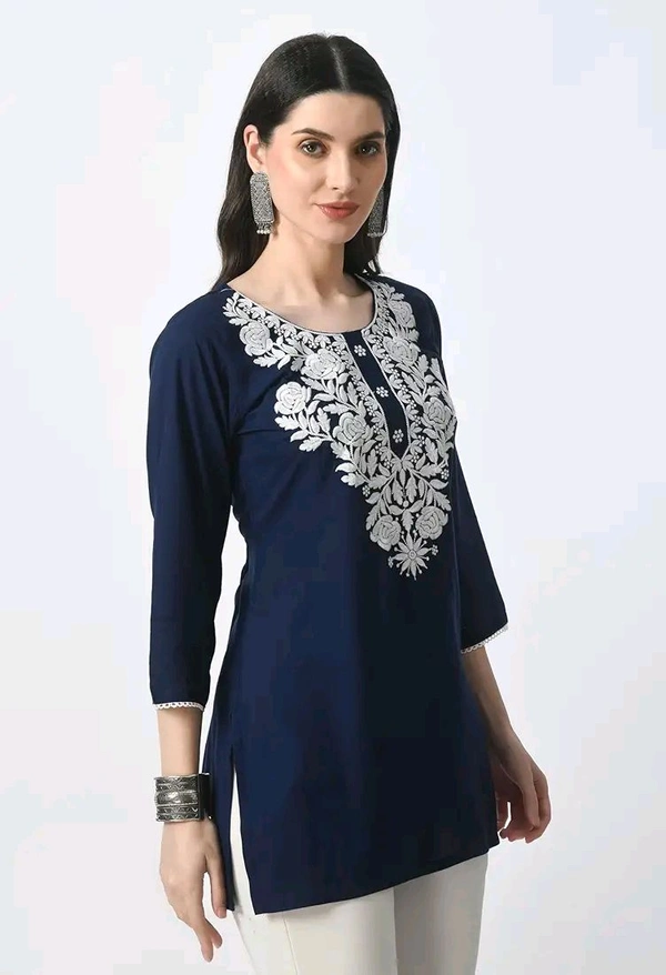 Kurti for Women Short Chikankari Kurtis for Girls Lakhnawi Top Kurta Design for Ladies Woman Straight Embroidery for Office (Short Flower Kurti) - Cloud Burst, M