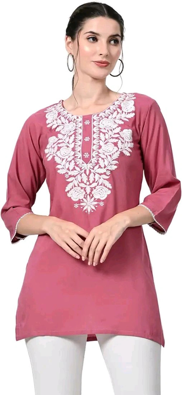 Kurti for Women Short Chikankari Kurtis for Girls Lakhnawi Top Kurta Design for Ladies Woman Straight Embroidery for Office (Short Flower Kurti) - Charm, M