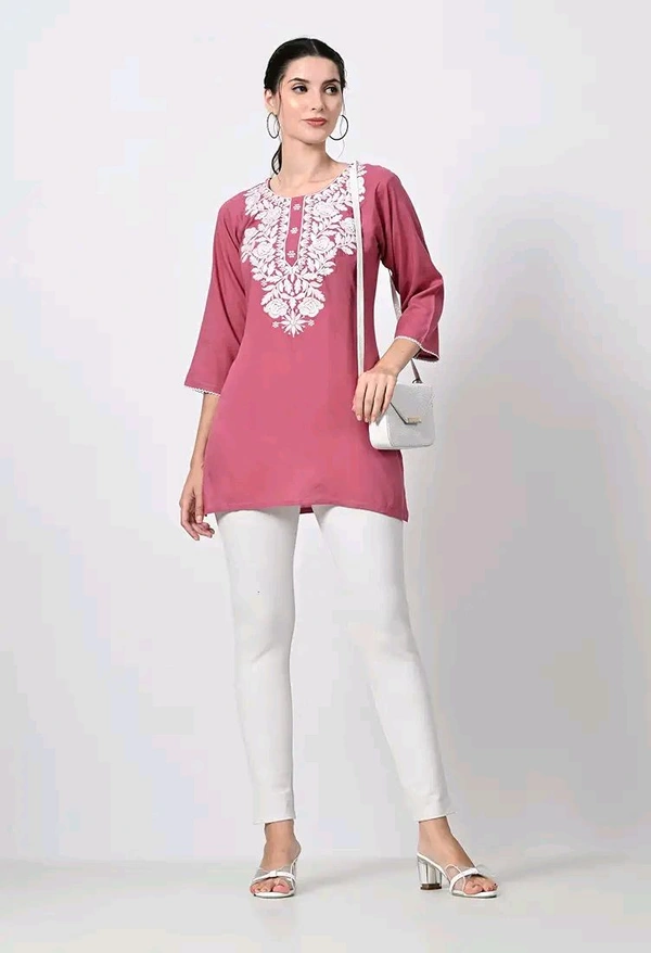 Kurti for Women Short Chikankari Kurtis for Girls Lakhnawi Top Kurta Design for Ladies Woman Straight Embroidery for Office (Short Flower Kurti) - Charm, M