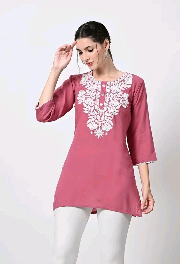 Kurti for Women Short Chikankari Kurtis for Girls Lakhnawi Top Kurta Design for Ladies Woman Straight Embroidery for Office (Short Flower Kurti) - Charm, M