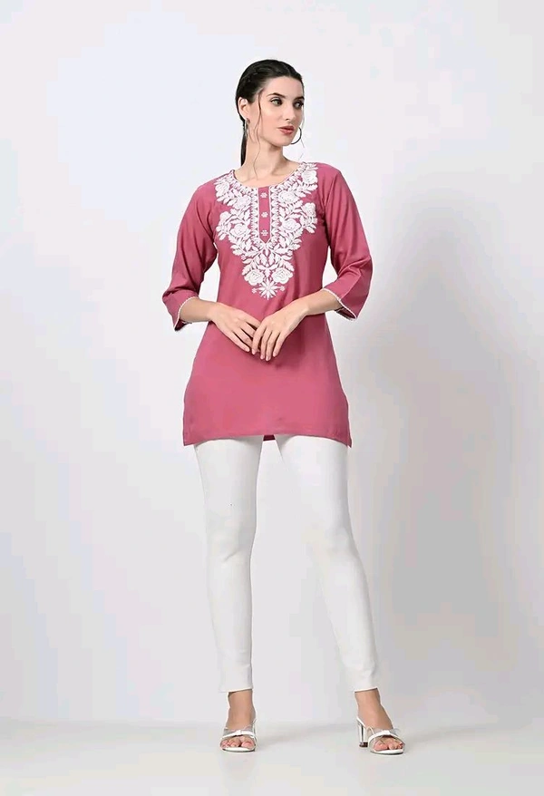 Kurti for Women Short Chikankari Kurtis for Girls Lakhnawi Top Kurta Design for Ladies Woman Straight Embroidery for Office (Short Flower Kurti) - Charm, M