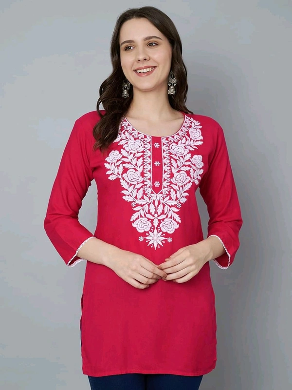 Kurti for Women Short Chikankari Kurtis for Girls Lakhnawi Top Kurta Design for Ladies Woman Straight Embroidery for Office (Short Flower Kurti) - Maroon Flush, S