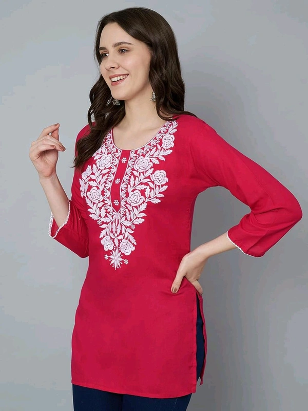 Kurti for Women Short Chikankari Kurtis for Girls Lakhnawi Top Kurta Design for Ladies Woman Straight Embroidery for Office (Short Flower Kurti) - Maroon Flush, S