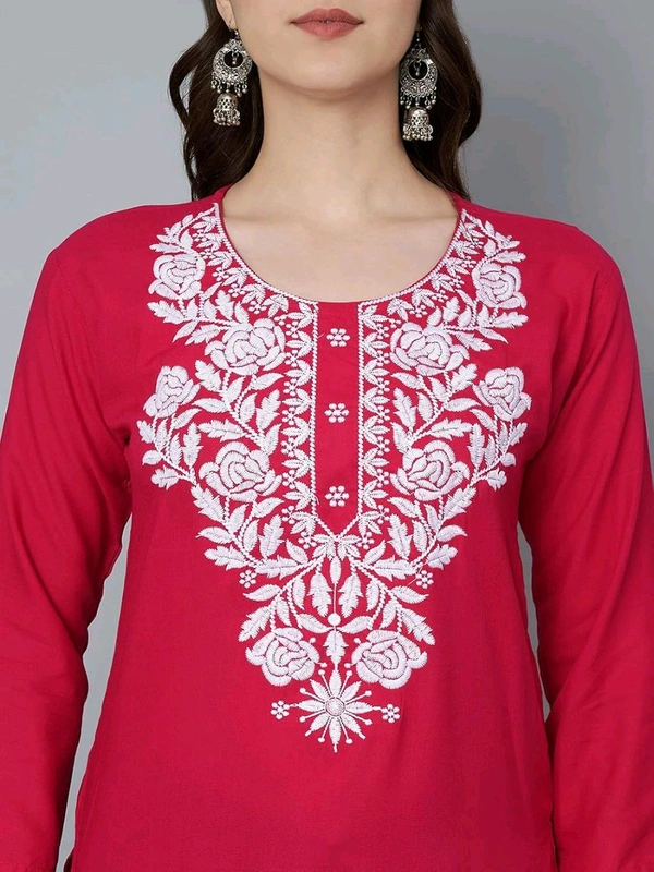 Kurti for Women Short Chikankari Kurtis for Girls Lakhnawi Top Kurta Design for Ladies Woman Straight Embroidery for Office (Short Flower Kurti) - Maroon Flush, S