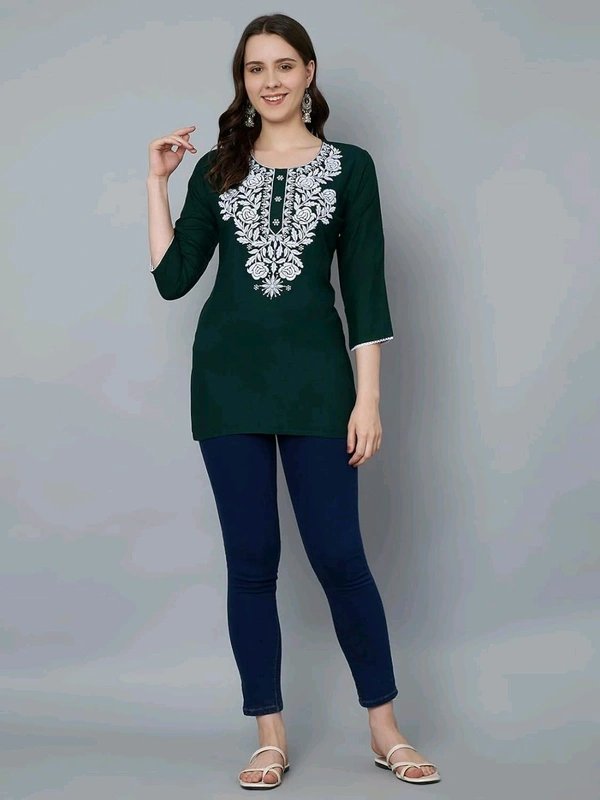 Kurti for Women Short Chikankari Kurtis for Girls Lakhnawi Top Kurta Design for Ladies Woman Straight Embroidery for Office (Short Flower Kurti) - Firefly, S