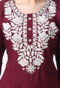 Kurti for Women Short Chikankari Kurtis for Girls Lakhnawi Top Kurta Design for Ladies Woman Straight Embroidery for Office (Short Flower Kurti) - Cardinal, S