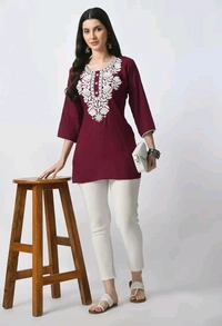 Kurti for Women Short Chikankari Kurtis for Girls Lakhnawi Top Kurta Design for Ladies Woman Straight Embroidery for Office (Short Flower Kurti) - Cardinal, S