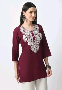 Kurti for Women Short Chikankari Kurtis for Girls Lakhnawi Top Kurta Design for Ladies Woman Straight Embroidery for Office (Short Flower Kurti) - Cardinal, S