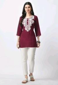 Kurti for Women Short Chikankari Kurtis for Girls Lakhnawi Top Kurta Design for Ladies Woman Straight Embroidery for Office (Short Flower Kurti) - Cardinal, S