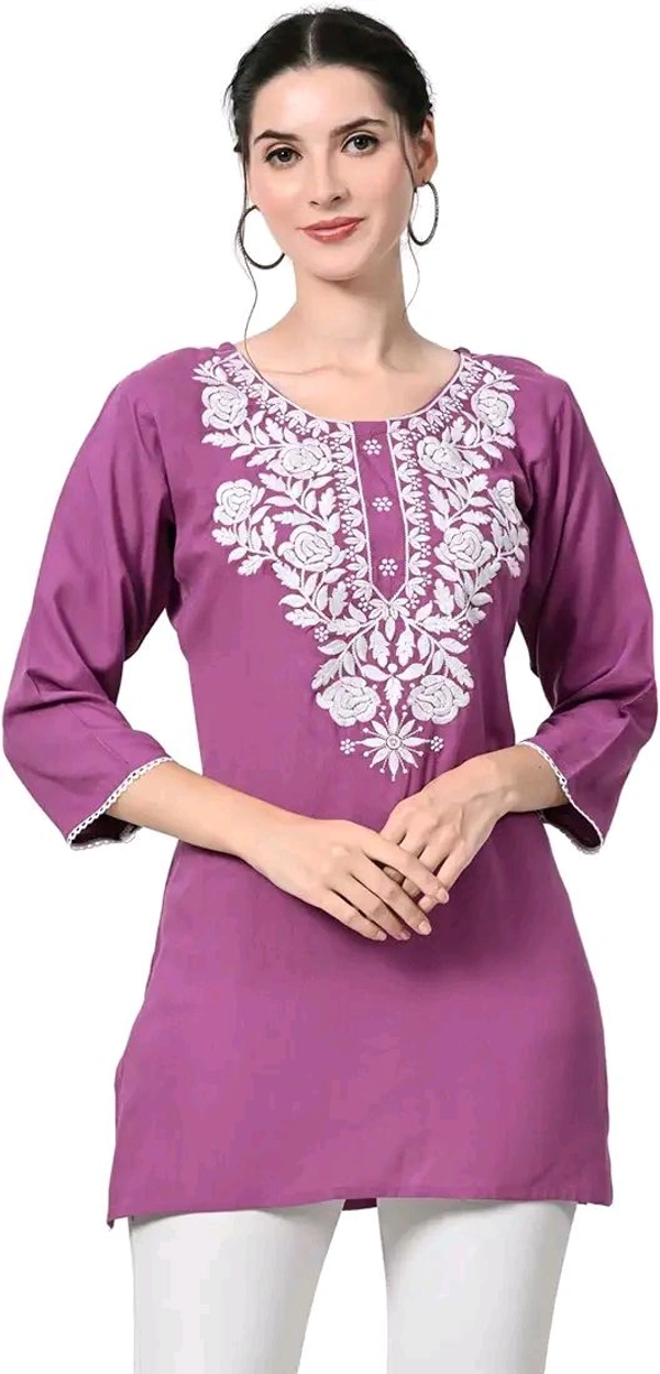 Kurti for Women Short Chikankari Kurtis for Girls Lakhnawi Top Kurta Design for Ladies Woman Straight Embroidery for Office (Short Flower Kurti) - Tapestry, S