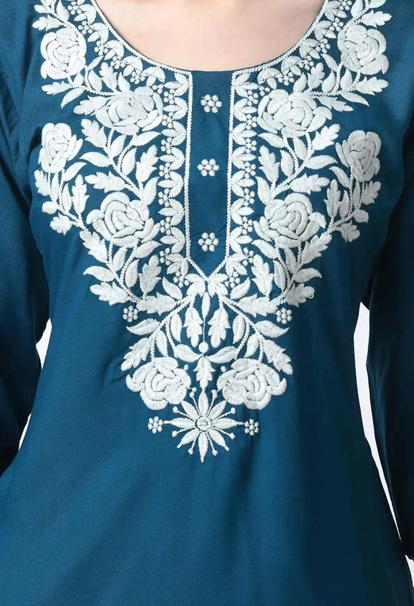 Kurti for Women Short Chikankari Kurtis for Girls Lakhnawi Top Kurta Design for Ladies Woman Straight Embroidery for Office (Short Flower Kurti) - Chathams Blue, S