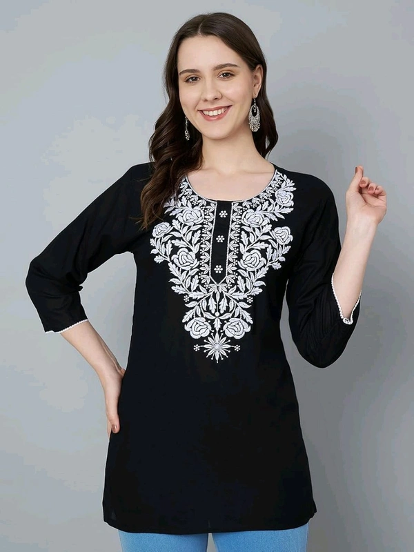 Kurti for Women Short Chikankari Kurtis for Girls Lakhnawi Top Kurta Design for Ladies Woman Straight Embroidery for Office (Short Flower Kurti) - Black, XL