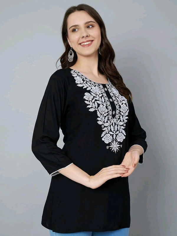 Kurti for Women Short Chikankari Kurtis for Girls Lakhnawi Top Kurta Design for Ladies Woman Straight Embroidery for Office (Short Flower Kurti) - Black, XL