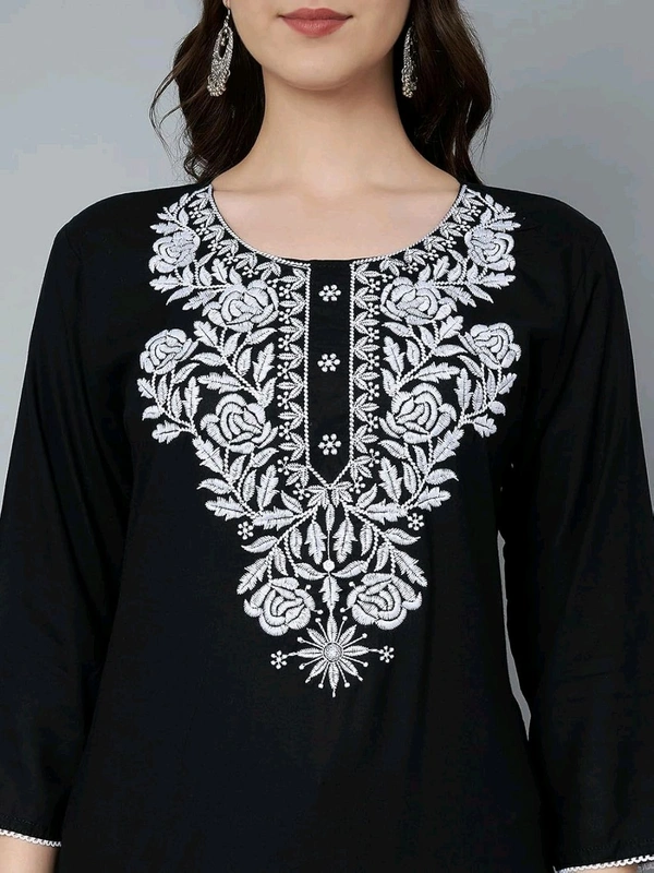 Kurti for Women Short Chikankari Kurtis for Girls Lakhnawi Top Kurta Design for Ladies Woman Straight Embroidery for Office (Short Flower Kurti) - Black, XL