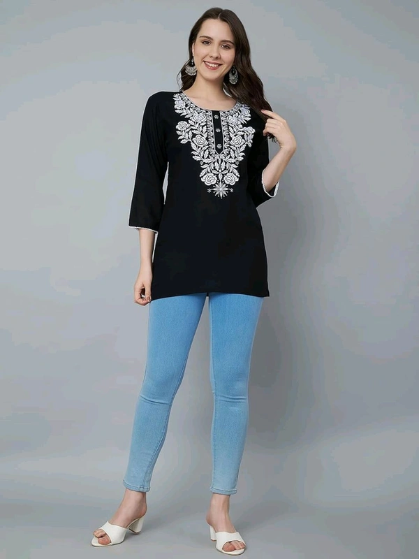 Kurti for Women Short Chikankari Kurtis for Girls Lakhnawi Top Kurta Design for Ladies Woman Straight Embroidery for Office (Short Flower Kurti) - Black, XL