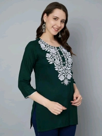 Kurti for Women Short Chikankari Kurtis for Girls Lakhnawi Top Kurta Design for Ladies Woman Straight Embroidery for Office (Short Flower Kurti) - Firefly, XL