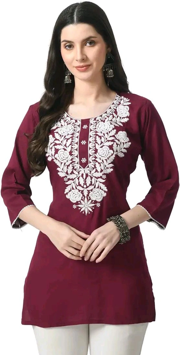 Kurti for Women Short Chikankari Kurtis for Girls Lakhnawi Top Kurta Design for Ladies Woman Straight Embroidery for Office (Short Flower Kurti) - Cardinal, XL