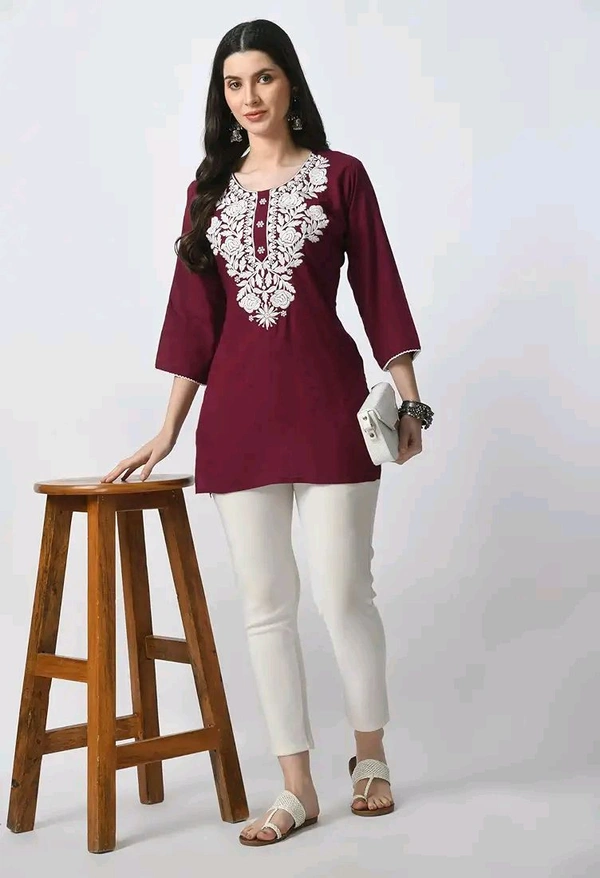 Kurti for Women Short Chikankari Kurtis for Girls Lakhnawi Top Kurta Design for Ladies Woman Straight Embroidery for Office (Short Flower Kurti) - Cardinal, XL