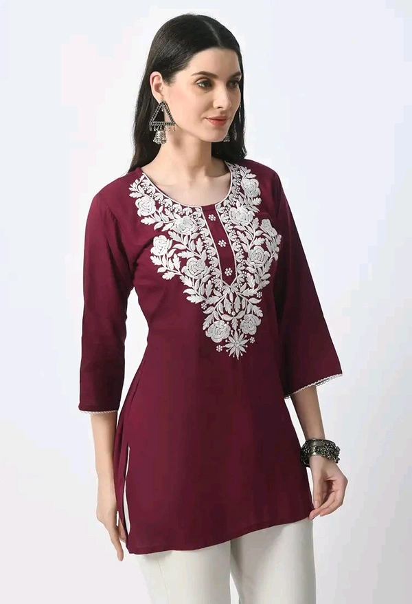 Kurti for Women Short Chikankari Kurtis for Girls Lakhnawi Top Kurta Design for Ladies Woman Straight Embroidery for Office (Short Flower Kurti) - Cardinal, XL