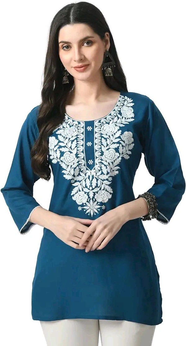 Kurti for Women Short Chikankari Kurtis for Girls Lakhnawi Top Kurta Design for Ladies Woman Straight Embroidery for Office (Short Flower Kurti) - Chathams Blue, XL