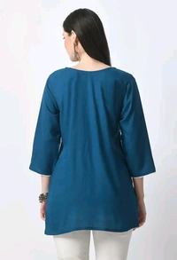 Kurti for Women Short Chikankari Kurtis for Girls Lakhnawi Top Kurta Design for Ladies Woman Straight Embroidery for Office (Short Flower Kurti) - Chathams Blue, XL