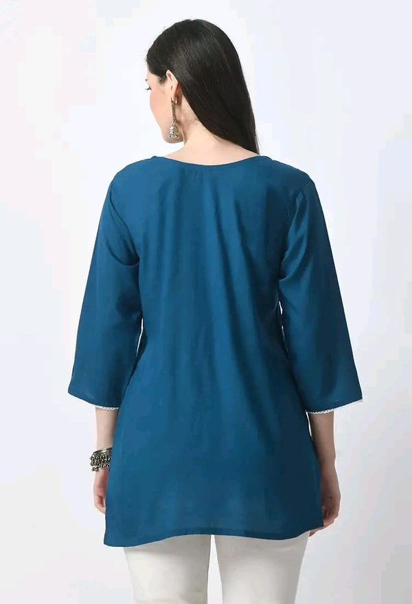 Kurti for Women Short Chikankari Kurtis for Girls Lakhnawi Top Kurta Design for Ladies Woman Straight Embroidery for Office (Short Flower Kurti) - Chathams Blue, XL