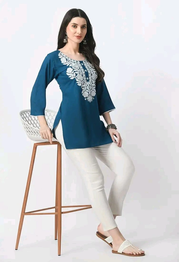 Kurti for Women Short Chikankari Kurtis for Girls Lakhnawi Top Kurta Design for Ladies Woman Straight Embroidery for Office (Short Flower Kurti) - Chathams Blue, XL
