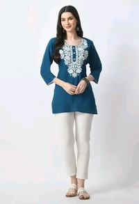 Kurti for Women Short Chikankari Kurtis for Girls Lakhnawi Top Kurta Design for Ladies Woman Straight Embroidery for Office (Short Flower Kurti) - Chathams Blue, XL
