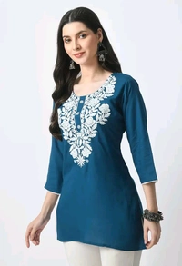 Kurti for Women Short Chikankari Kurtis for Girls Lakhnawi Top Kurta Design for Ladies Woman Straight Embroidery for Office (Short Flower Kurti) - Chathams Blue, XL