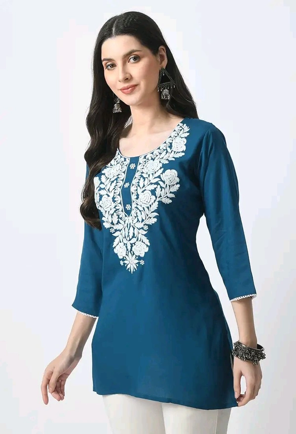 Kurti for Women Short Chikankari Kurtis for Girls Lakhnawi Top Kurta Design for Ladies Woman Straight Embroidery for Office (Short Flower Kurti) - Chathams Blue, XL