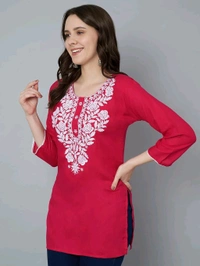 Kurti for Women Short Chikankari Kurtis for Girls Lakhnawi Top Kurta Design for Ladies Woman Straight Embroidery for Office (Short Flower Kurti) - Maroon Flush, 2XL