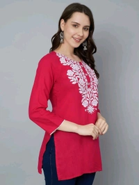 Kurti for Women Short Chikankari Kurtis for Girls Lakhnawi Top Kurta Design for Ladies Woman Straight Embroidery for Office (Short Flower Kurti) - Maroon Flush, 2XL