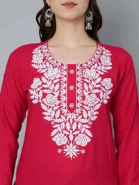 Kurti for Women Short Chikankari Kurtis for Girls Lakhnawi Top Kurta Design for Ladies Woman Straight Embroidery for Office (Short Flower Kurti) - Maroon Flush, 2XL