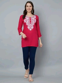 Kurti for Women Short Chikankari Kurtis for Girls Lakhnawi Top Kurta Design for Ladies Woman Straight Embroidery for Office (Short Flower Kurti) - Maroon Flush, 2XL