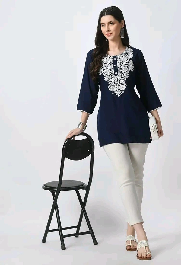 Kurti for Women Short Chikankari Kurtis for Girls Lakhnawi Top Kurta Design for Ladies Woman Straight Embroidery for Office (Short Flower Kurti) - Cloud Burst, 2XL
