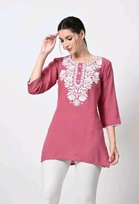 Kurti for Women Short Chikankari Kurtis for Girls Lakhnawi Top Kurta Design for Ladies Woman Straight Embroidery for Office (Short Flower Kurti) - Charm, 2XL