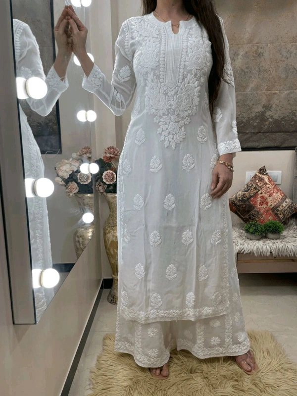 White Viscose Georgette Chikankari Kurta With Palazzo - White, L