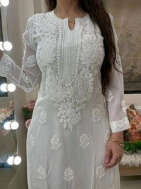White Viscose Georgette Chikankari Kurta With Palazzo - White, L